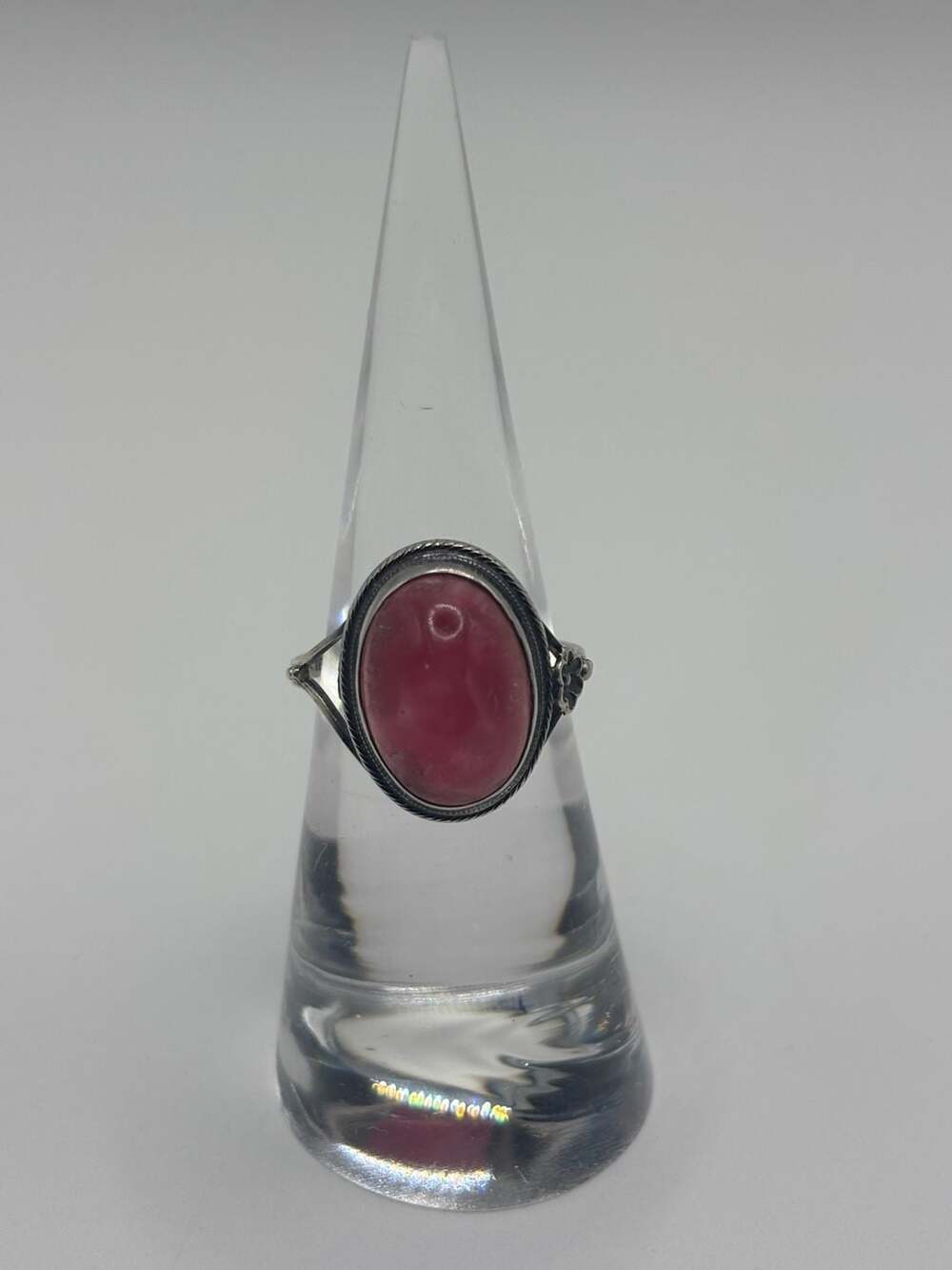 Vintage Sterling Silver Oval Pink Cabochon Stone Ring Size 7.75